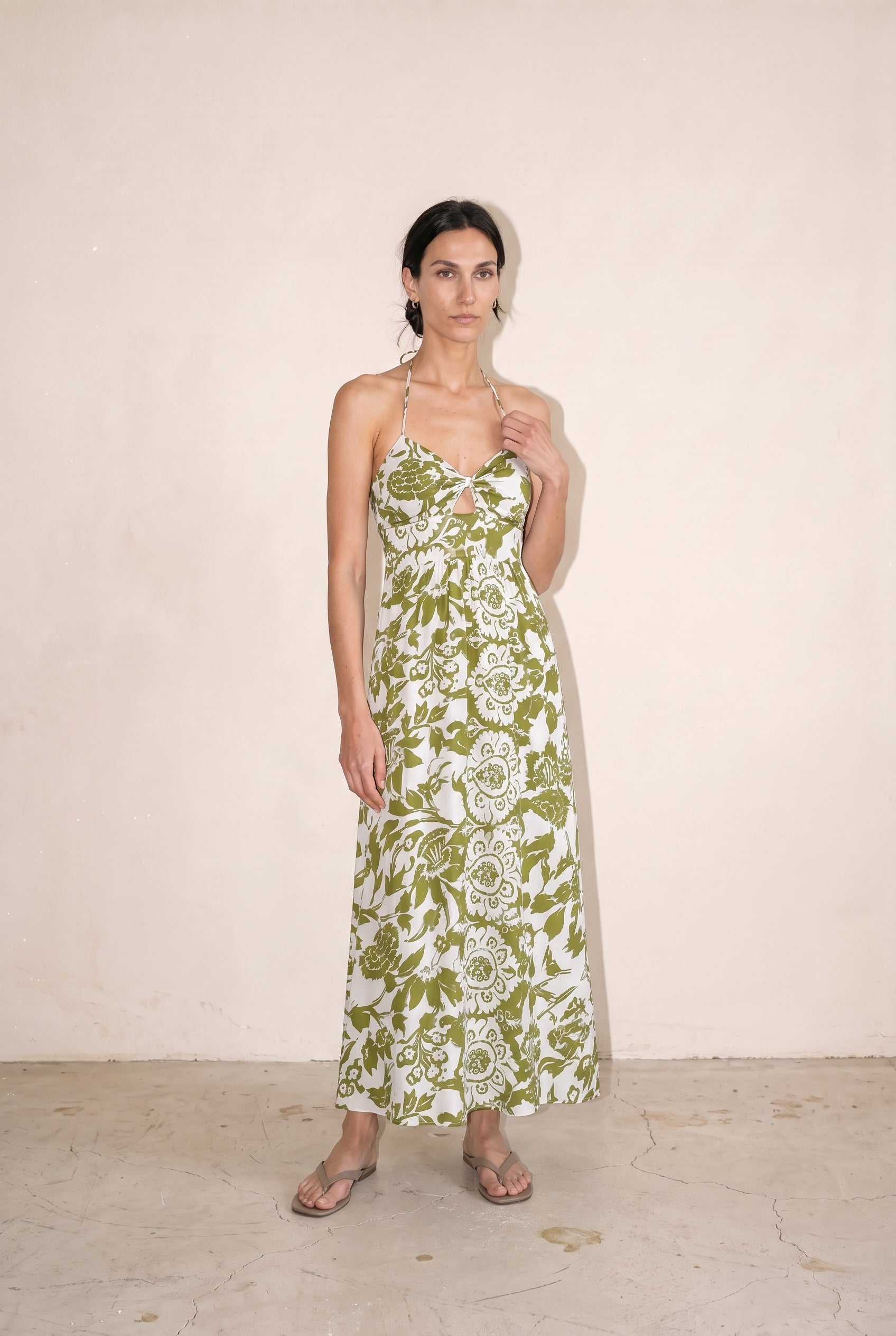 Thin Adjustable Strap Tie Back Neck Maxi Dress White/Green