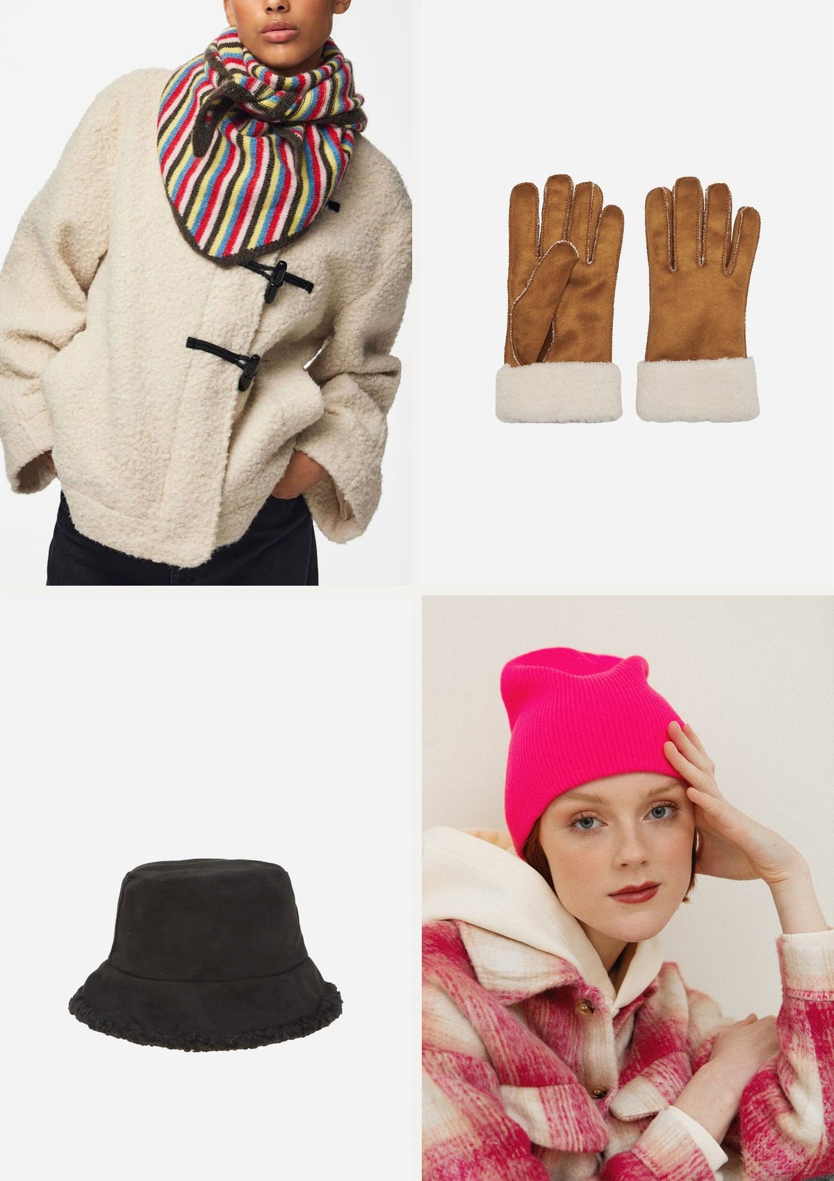Winter accessories board: striped scarf, tan suede gloves, black fur bucket hat, hot pink beanie
