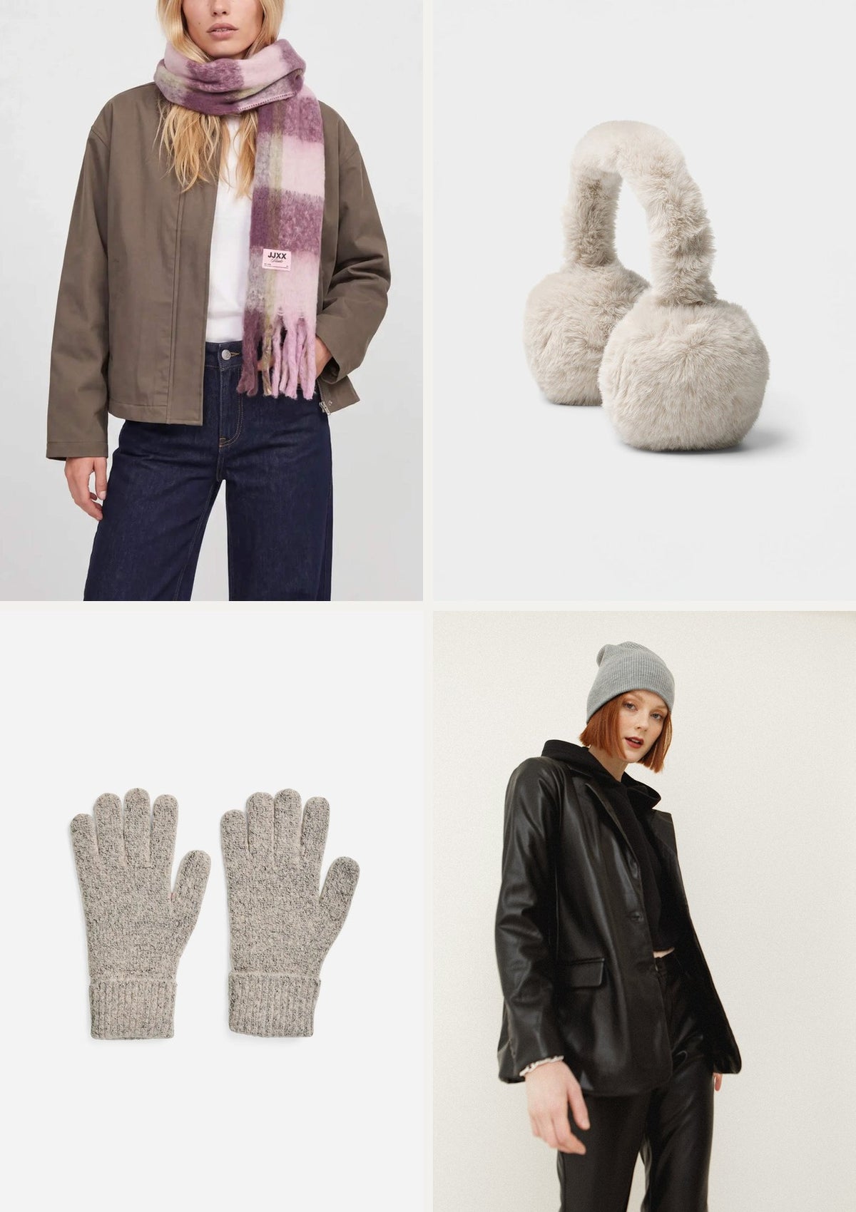 Winter accessories board: pink checked scarf, cream ear warmers, grey knit gloves, grey beanie