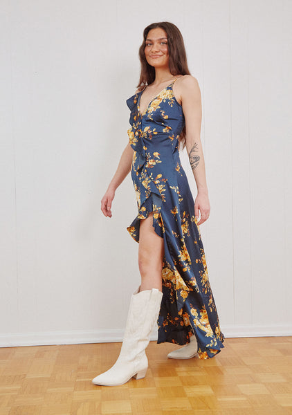 Capriccio satin floral deals ruffle maxi dress