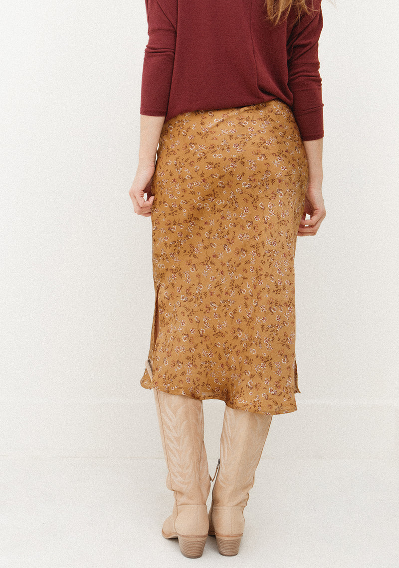 Floral Satin Midi Skirt w Side Slit