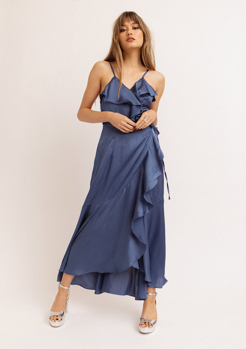 Satin Tulip Wrap Midi Dress